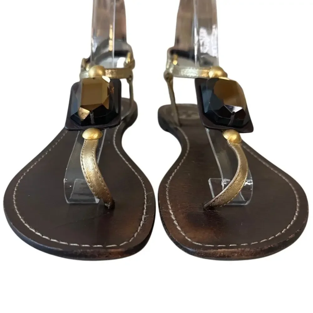 Tory Burch Jeweled Stone Thong Sandals Gold Brown T-Strap‎ 6.5